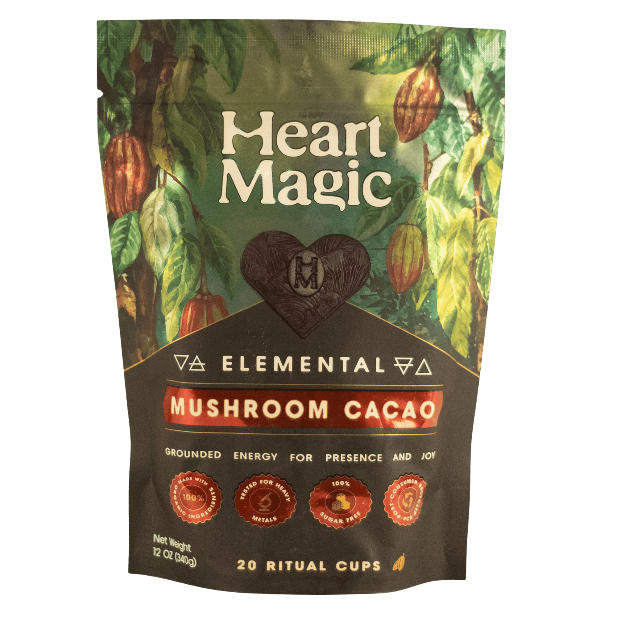 Heart Magic Elemental Mushroom Cacao pouch, grounded energy for presence, 20 ritual cups