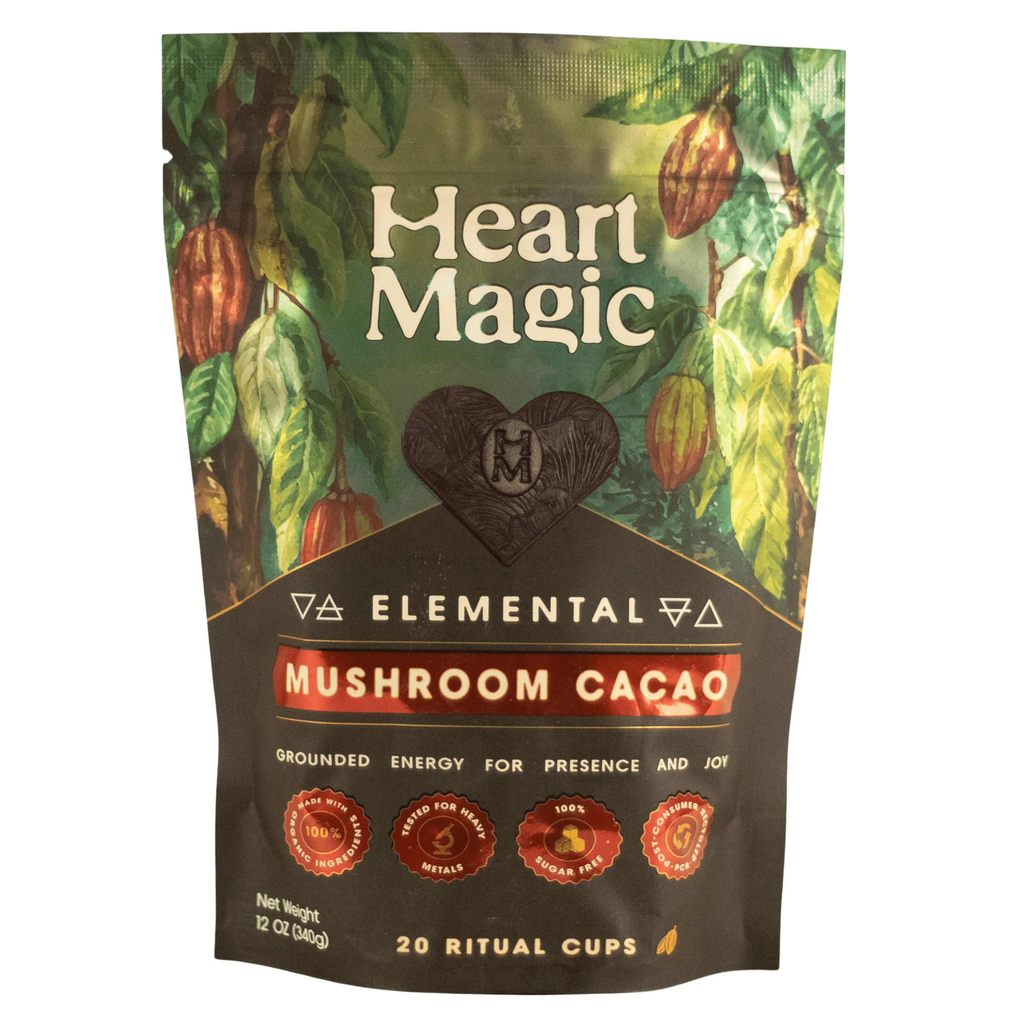 Heart Magic Elemental Mushroom Cacao pouch, grounded energy for presence, 20 ritual cups