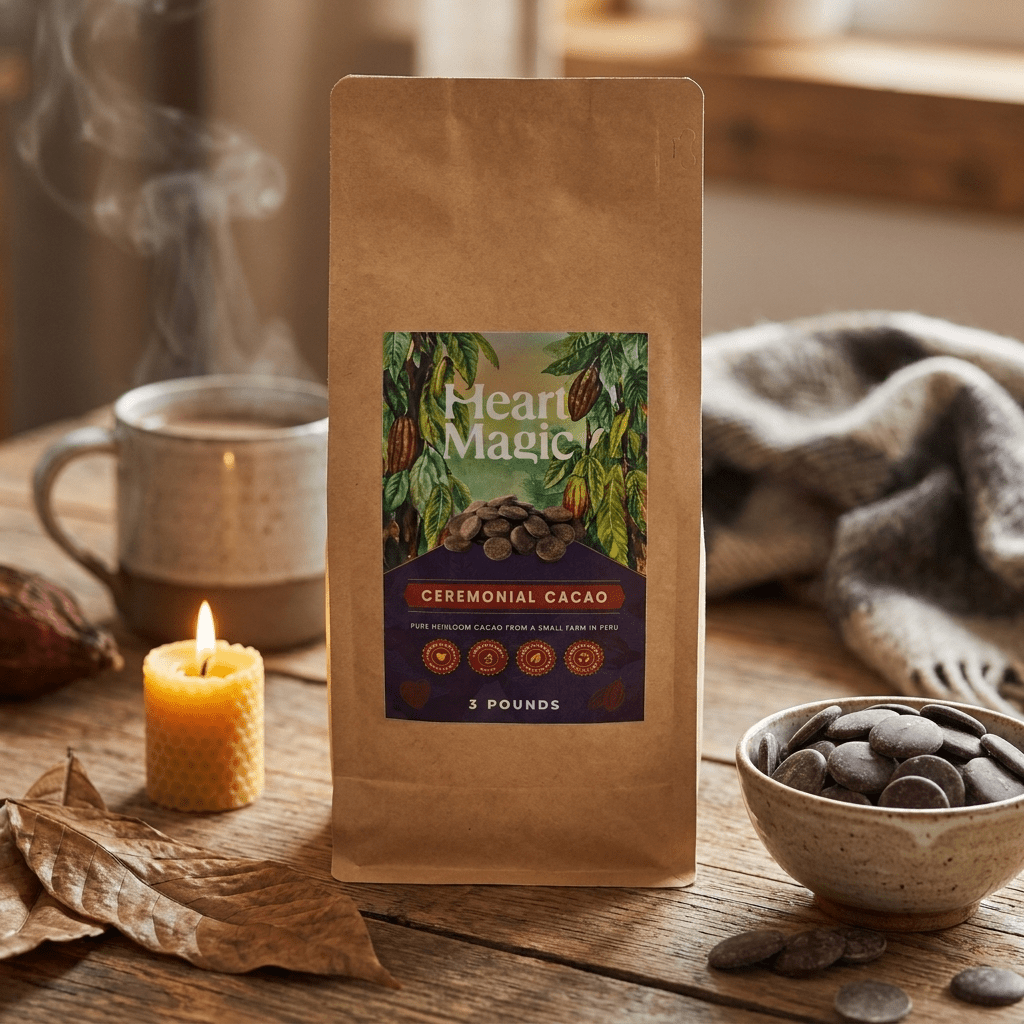 Heart Magic Ceremonial Cacao kraft pouch beside a candle and a bowl of cacao hearts